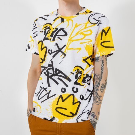 Bílé a žluté bavlněné tričko pro muže s nápisy - Oblečení