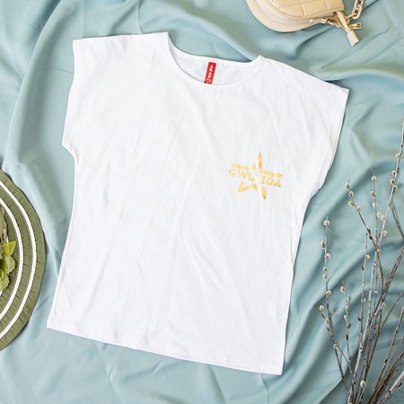 Bílé dámské tričko se zlatou hvězdou a nápisem - Oblečení