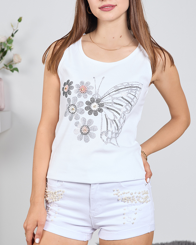Bílý dámský top s motýlem a květinami - Oblečení