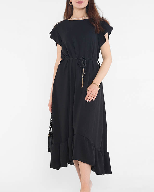 Černé dámské šaty s volánky a zavazováním v pase - Oblečení