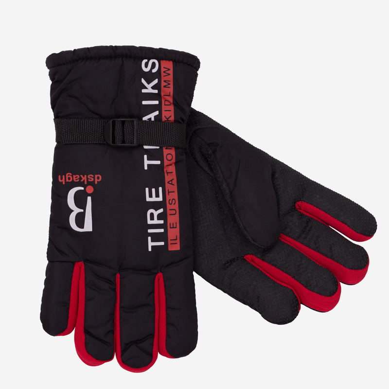 Černé pánské zateplené rukavice s nápisy a červenými vsadkami - Doplňky