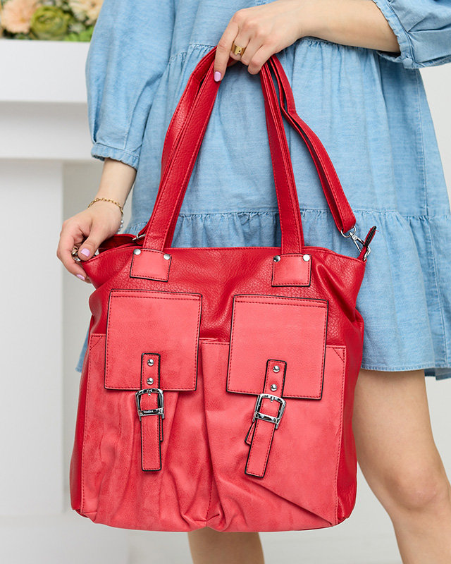 Dámská červená shopper taška s ozdobnými kapsami - Příslušenství