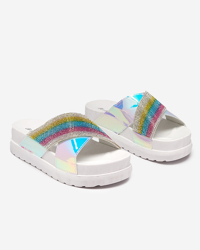 Dámské bílé holografické pantofle s flitry Yalay - Footwear