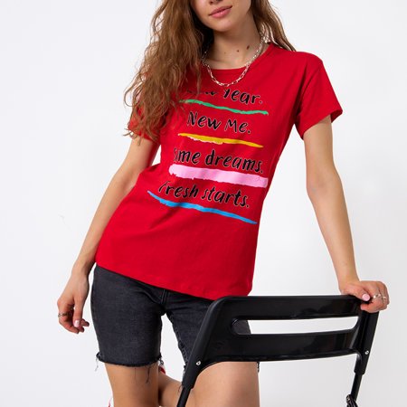 Dámské červené bavlněné tričko s nápisy - Oblečení