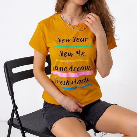 Dámské hořčičné bavlněné tričko s nápisy - Oblečení