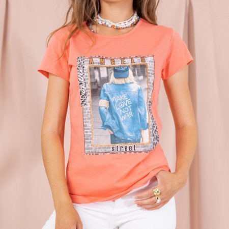 Dámské korálové tričko s potiskem - Oblečení
