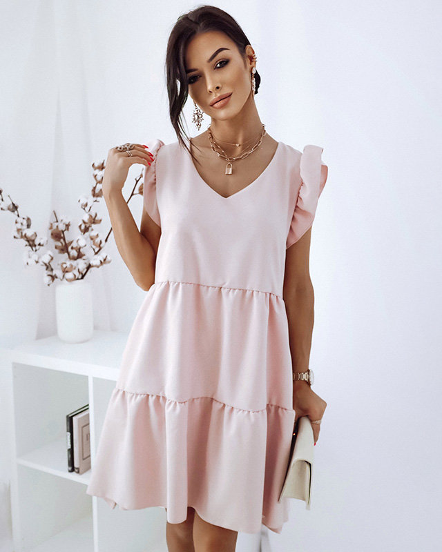 Dámské krátké šaty s volánky v pastelově růžové barvě - Oblečení