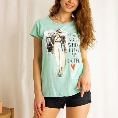 Dámské mátové bavlněné tričko s potiskem a nápisy - Oblečení