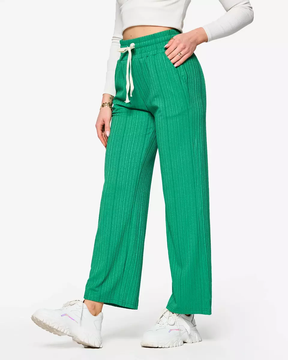 Dámské široké žebrované kalhoty v zelené barvě- Oblečení