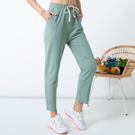 Dámské světle zelené bavlněné rovné kalhoty PLUS VELIKOST - Oblečení