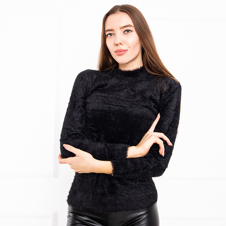 Dámský černý kožešinový svetr se stojatým límcem - Oblečení