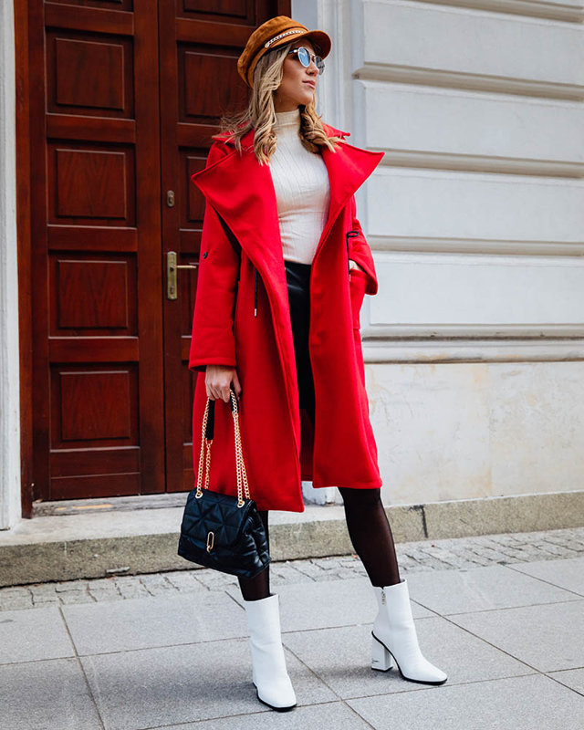 Dámský dlouhý kabát bez zapínání v červené barvě - Oblečení