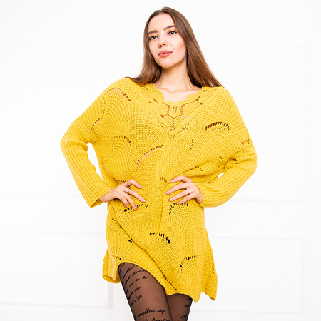 Dámský žlutý dlouhý prolamovaný svetr - Oblečení