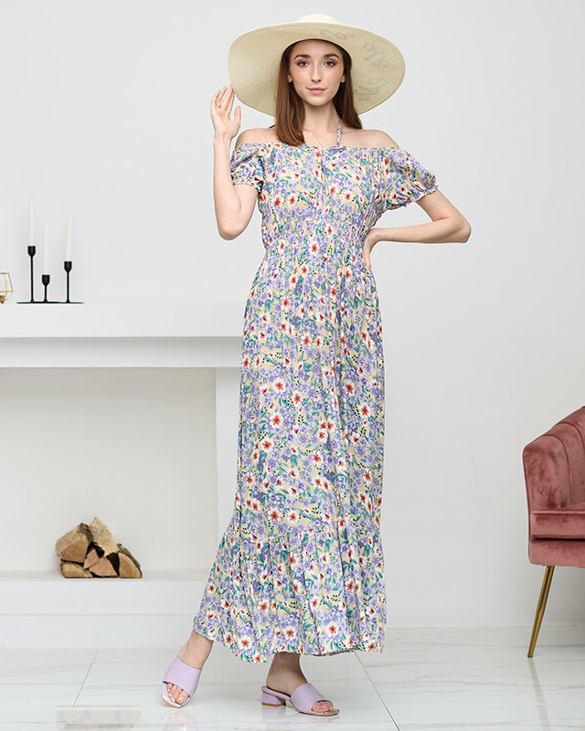 Dlouhé letní zelené šaty pro ženy s fialovými květy - Oblečení