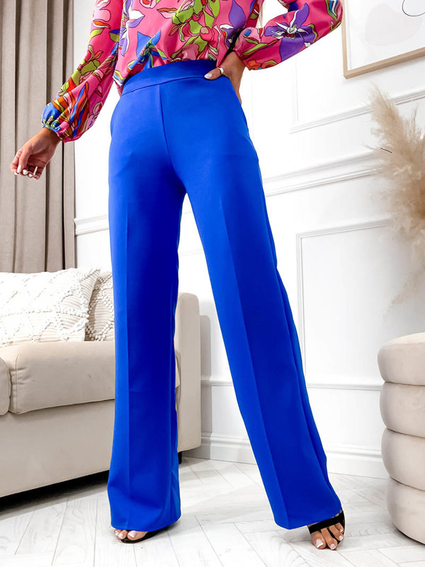 Kobaltové dámské kalhoty s širokými nohavicemi - Oblečení