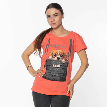Korálové dámské tričko s roztomilým potiskem štěňátek - Oblečení