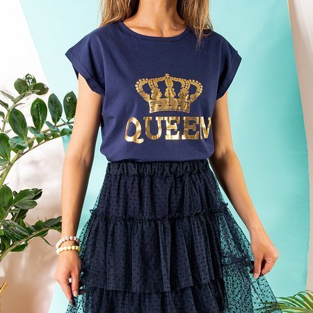 Námořnické modré dámské bavlněné tričko s potiskem - Oblečení