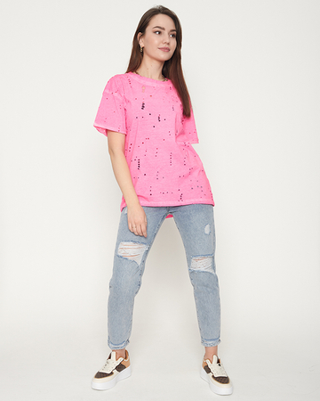 Neonově růžové bavlněné dámské tričko s ozdobnými otvory - Oblečení