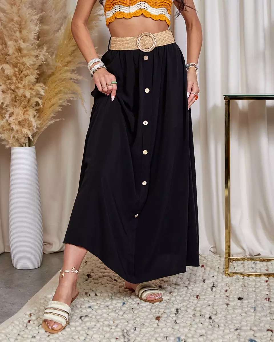 Royalfashion Černá dámská midi sukně s knoflíky a páskem