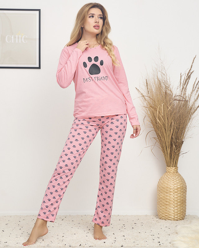 Růžové dámské pyžamo s potiskem tlapek - Oblečení