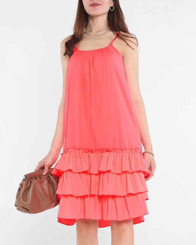 Růžové neonové dámské šaty na ramínka s volánky - Oblečení