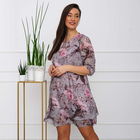Šedé a růžové dámské květinové šaty PLUS SIZE - Oblečení
