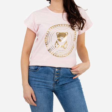 Světle růžové dámské tričko se zlatým potiskem medvídka PLUS SIZE - Oblečení
