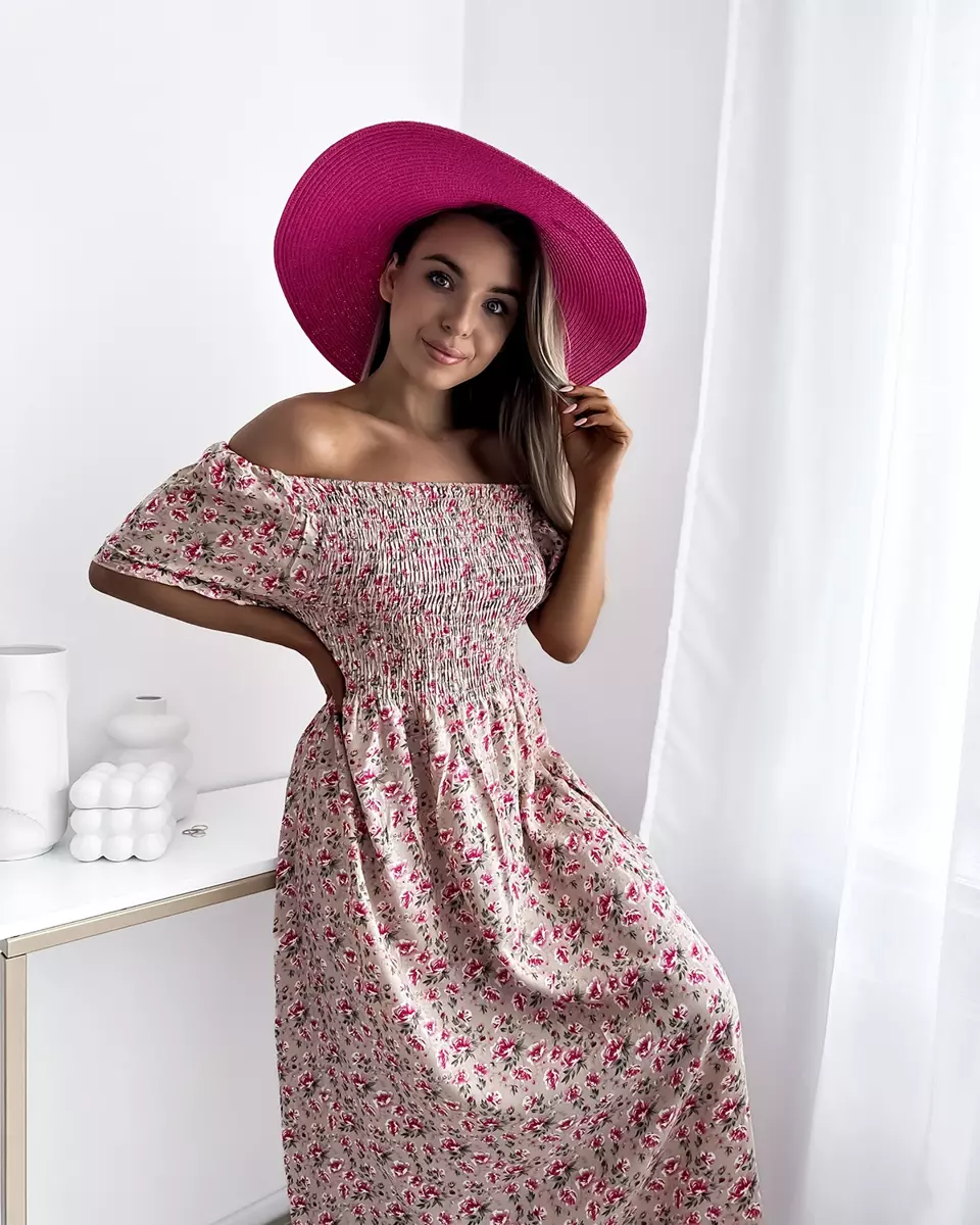 Béžové dámské midi šaty s květinovým potiskem- Oblečení