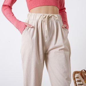 Béžové dámské rovné bavlněné kalhoty PLUS SIZE - Oblečení