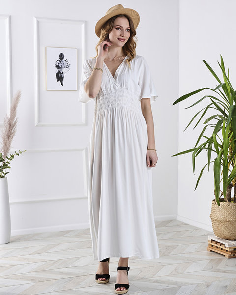 Bílé dámské dlouhé šaty s obálkovým výstřihem - Oblečení
