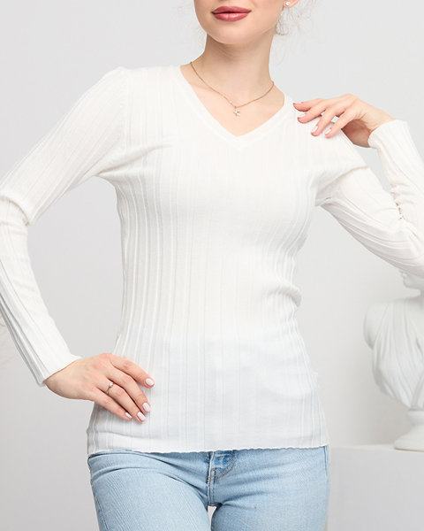Bílý dámský svetr s výstřihem do V - Oblečení