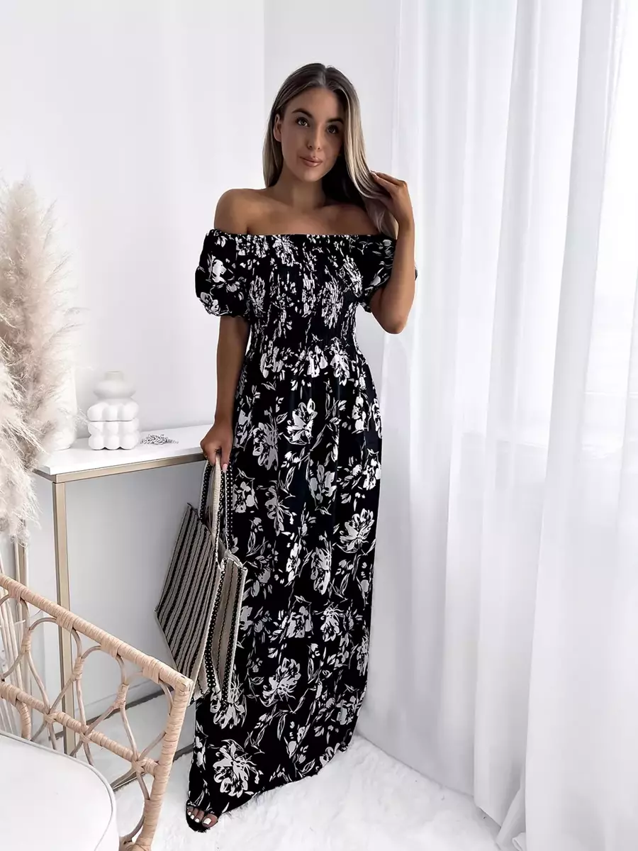Černé dámské maxi šaty s květinovým potiskem- Oblečení