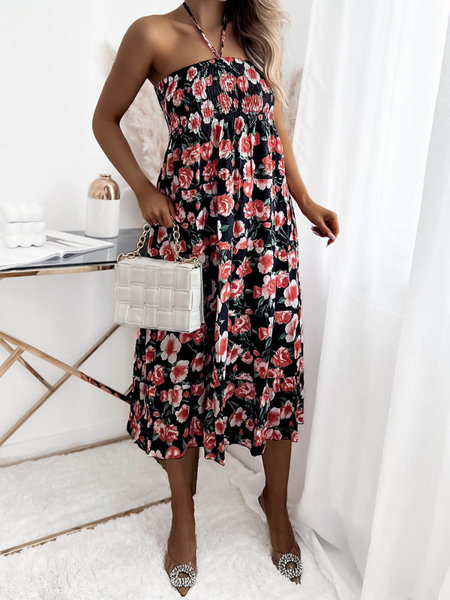 Černé dámské midi šaty s květinovým potiskem - Oblečení