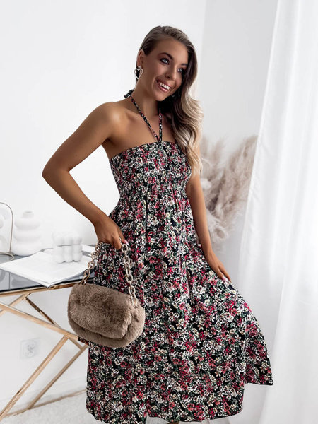 Černé dámské midi šaty s květinovým potiskem PLUS SIZE - Oblečení