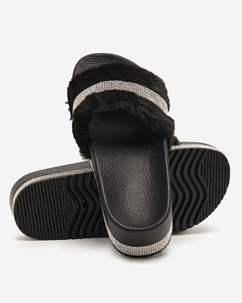 Černé dámské pantofle s kožíškem a kubickými zirkony Zerika - Obuv