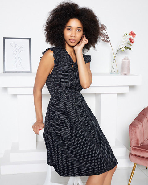 Černé dámské puntíkované šaty s vázaným výstřihem - Oblečení