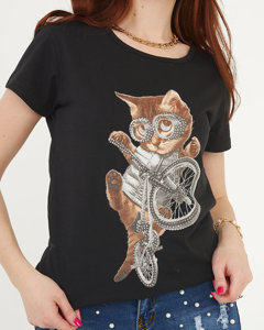 Černé dámské tričko s potiskem kočky - Oblečení
