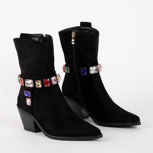 Černé kozačky a'la kovbojské boty s ozdobnými kamínky na svršku Xei - Obuv