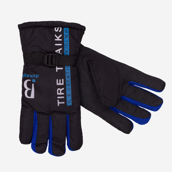 Černé pánské zateplené rukavice s nápisy a kobaltovými vložkami - Doplňky