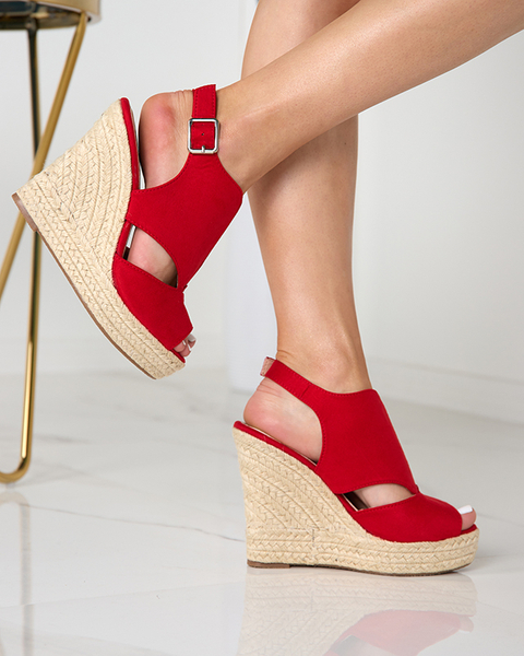 Červené eko semišové dámské sandály na klínku Devof - Footwear