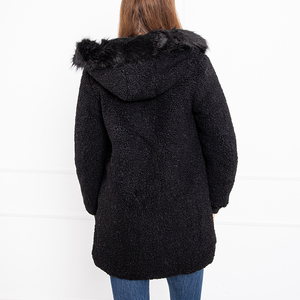 Dámská černá bunda s kapucí z ovčí kůže - Oblečení