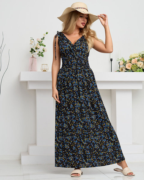 Dámské černé maxi šaty s modrými květy - Oblečení