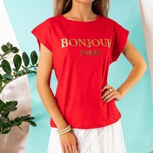 Dámské červené bavlněné tričko s potiskem - Oblečení