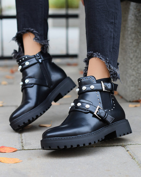 Dámské kotníkové boty z eko kůže s perličkami v černé barvě Saalo- Footwear