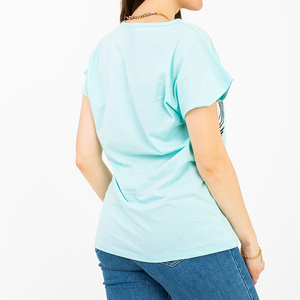 Dámské mátové tričko s barevným potiskem a třpytkami - Oblečení
