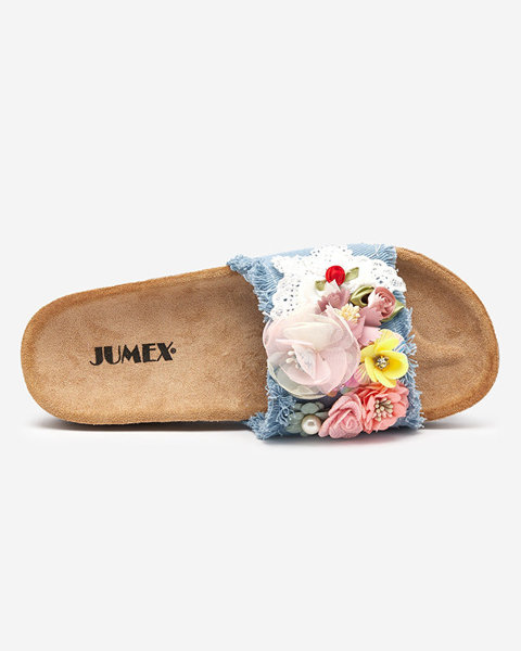Dámské pantofle s látkovými květy v modré Ososi - Obuv
