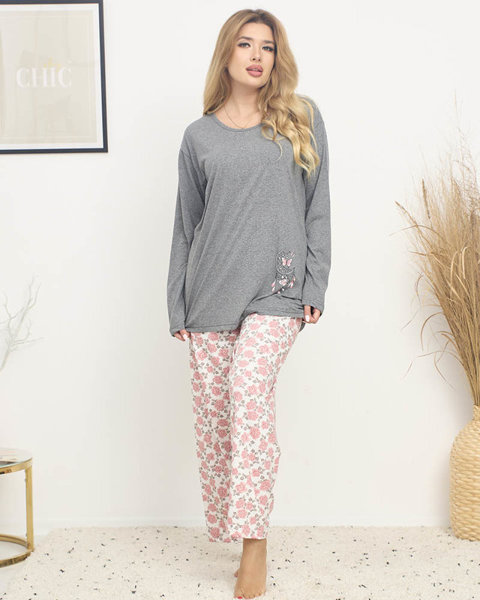 Dámské pyžamo s květinovým potiskem v tmavě šedé barvě PLUS SIZE- Oblečení