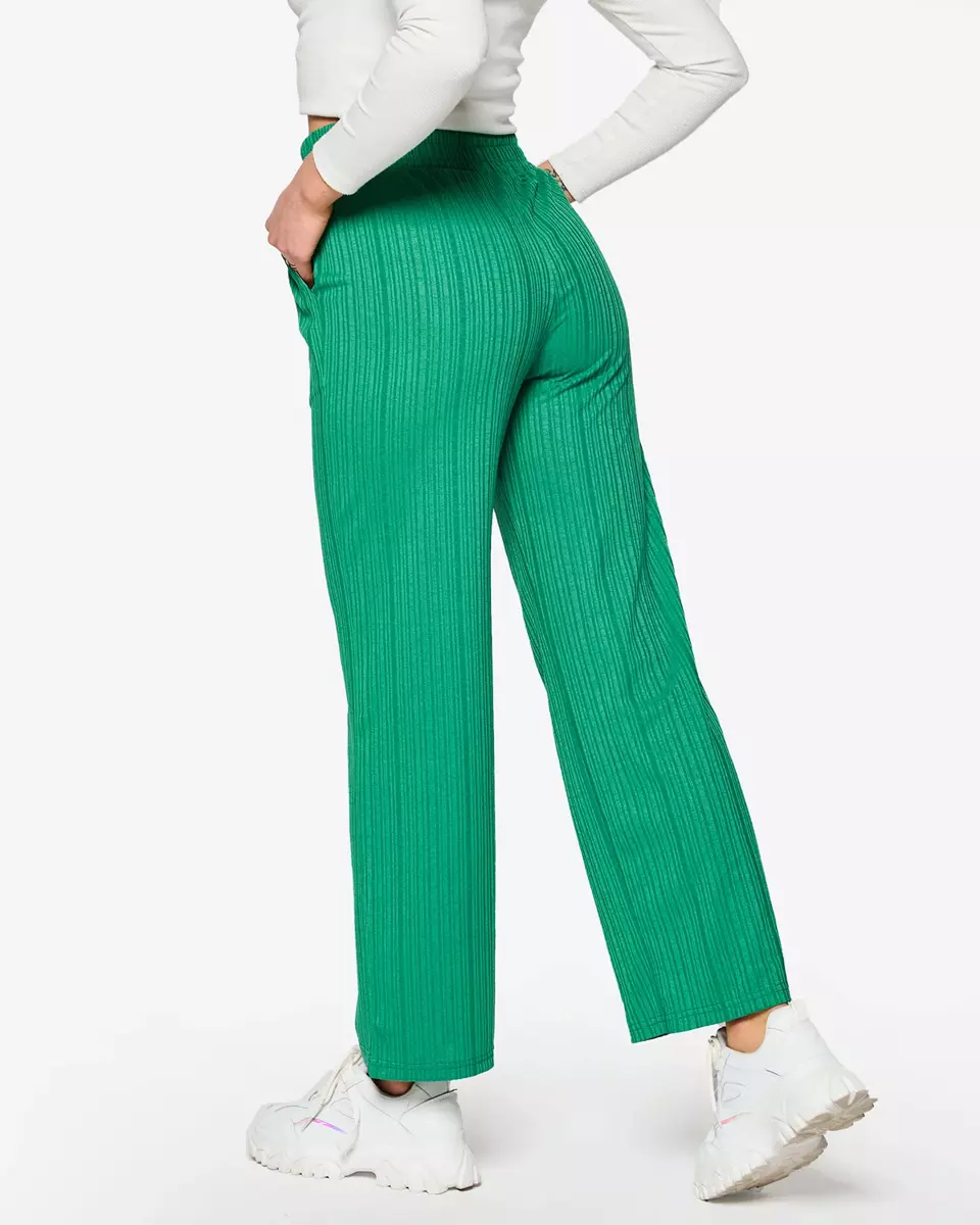 Dámské široké žebrované kalhoty v zelené barvě- Oblečení