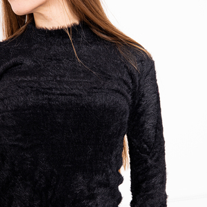 Dámský černý kožešinový svetr se stojatým límcem - Oblečení