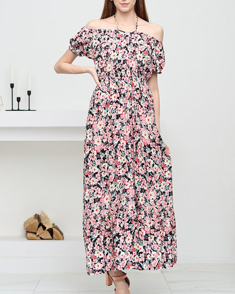 Dlouhé letní černé šaty pro ženy se světle růžovými květy - Oblečení